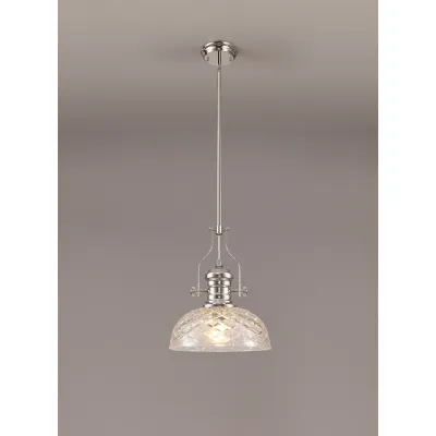 Sandy Pendant With 30cm Flat Round Patterned Shade, 1 x E27, Polished Nickel Clear Glass