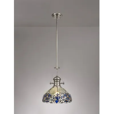 Ardingly 1 Light Pendant E27 With 30cm Tiffany Shade, Polished Nickel Blue Clear Crystal
