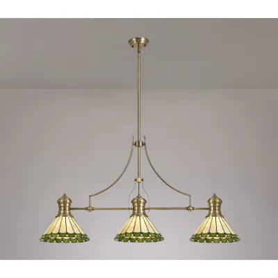 Ware 3 Light Linear Pendant E27 With 30cm Tiffany Shade, Antique Brass, Green, Cream, Crystal
