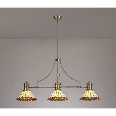Ware 3 Light Linear Pendant E27 With 30cm Tiffany Shade, Antique Brass, Amber, Cream, Crystal