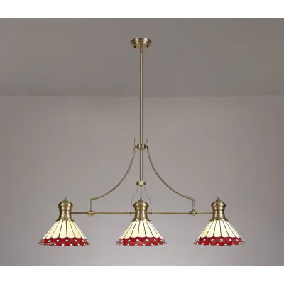 Ware 3 Light Linear Pendant E27 With 30cm Tiffany Shade, Antique Brass, Red, Cream, Crystal