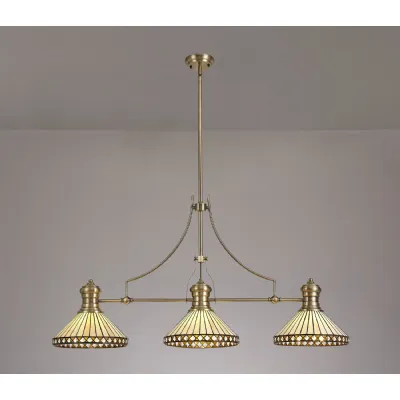 Rayleigh 3 Light Linear Pendant E27 With 30cm Tiffany Shade, Antique Brass, Amber, Cream, Crystal
