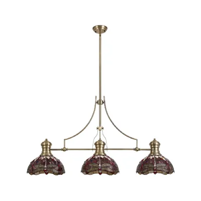 Hitchin 3 Light Linear Pendant E27 With 30cm Tiffany Shade, Antique Brass, Purple, Pink, Crystal