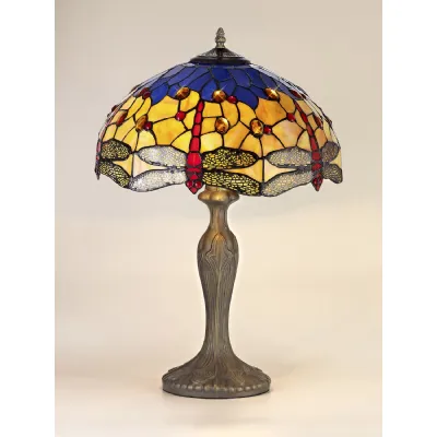 Hitchin 2 Light Curved Table Lamp E27 With 40cm Tiffany Shade, Blue Orange Crystal Aged Antique Brass