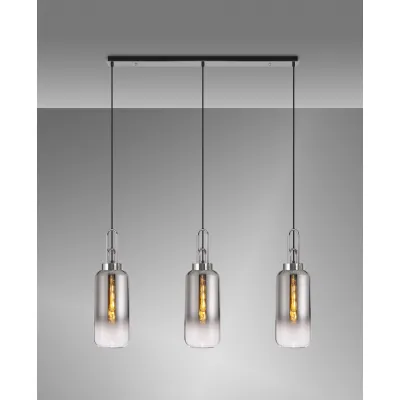 Epsom Linear 3 Light Pendant E27 With 16cm Cylinder Glass, Smoked Clear Polished Nickel Matt Black