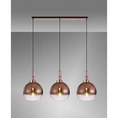Epsom Linear 3 Light Pendant E27 With 30cm Globe Glass, Copper Clear Copper Matt Black