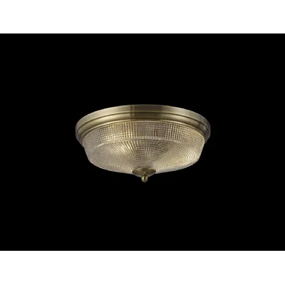 Edenbridge 2 Light E27 Flush Ceiling Light, Antique Brass Prismatic Glass