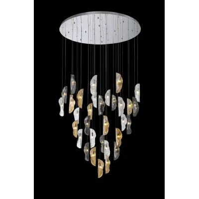 Loughton Pendant 6m, 32 x G9, Polished Chrome Clear And Amber And Smoked Glass Item Weight: 64kg