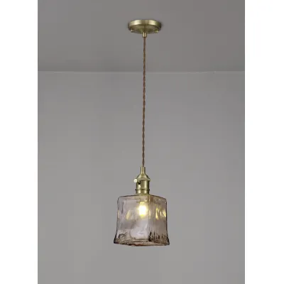 Hatfield Switched Pendant 1.5m, 1 x E27, Brass Pale Gold Twisted Cable Brown Square Glass