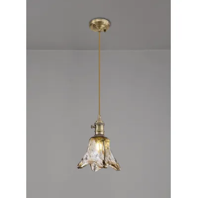 Hatfield Switched Pendant 1.5m, 1 x E27, Antique Brass Golden Brown Braided Cable Brown Flower Glass