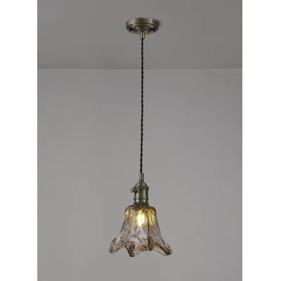 Hatfield Switched Pendant 1.5m, 1 x E27, Antique Brass Black Twisted Cable Brown Flower Glass