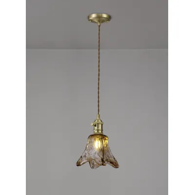 Hatfield Switched Pendant 1.5m, 1 x E27, Brass Pale Gold Twisted Cable Brown Flower Glass