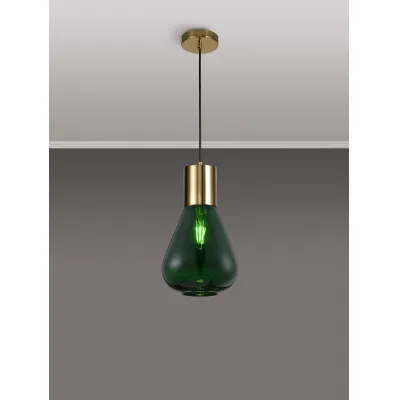 Copthorne Narrow Pendant, 1 x E27, Aged Brass Bottle Green Glass