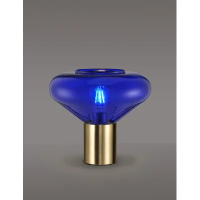 Copthorne Wide Table Lamp, 1 x E27, Aged Brass Blue Ink Glass