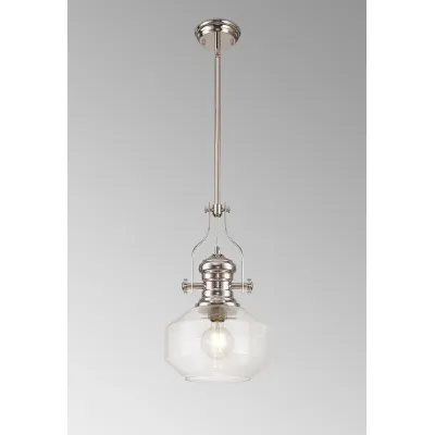 Sandy Single Pendant, 1 x E27, Round Champfered Glass, Polished Nickel Clear