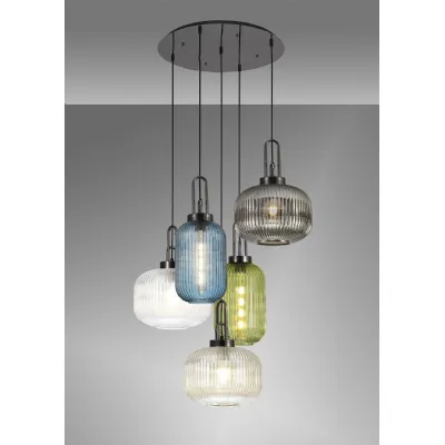 Epsom 2.5m Round Pendant 5 Light E27 With Various Glasses, Black Chrome Smoked Petrol Blue Green Clear Champagne