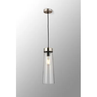 Bordon 1 Light Pendant E27, With Large Clear Cylindrical Cone Glass Satin Nickel Clear Black Fabric