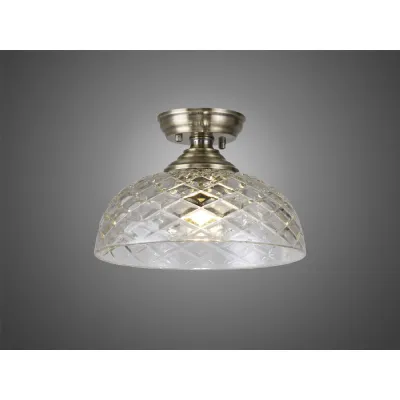 Billericay 1 Light Flush Ceiling E27 With Flat Round 30cm Patterned Glass Shade Antique Brass Clear