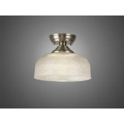 Billericay 1 Light Flush Ceiling E27 With Round 26.5cm Prismatic Effect Glass Shade Antique Brass Clear