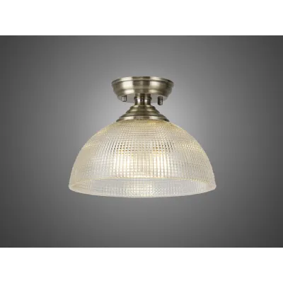 Billericay 1 Light Flush Ceiling E27 With Round 30cm Prismatic Effect Glass Shade Antique Brass Clear