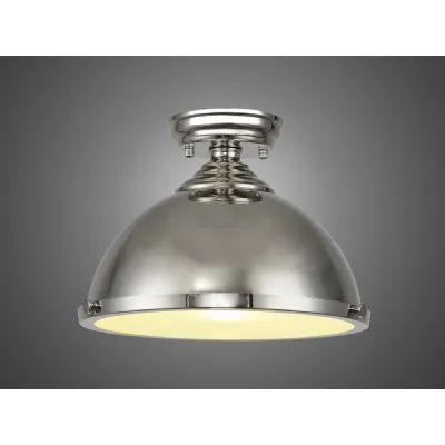 Billericay 1 Light Flush Ceiling E27 With Round 31cm Metal Shade Polished Nickel Frosted White