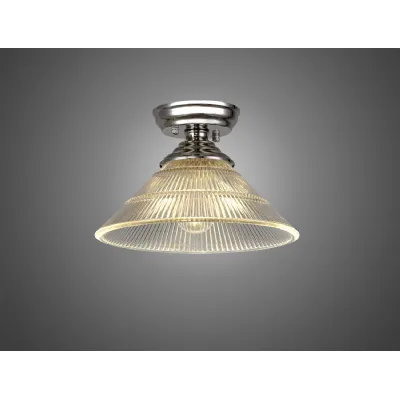 Billericay 1 Light Flush Ceiling E27 With Cone 30cm Glass Shade Polished Nickel Clear