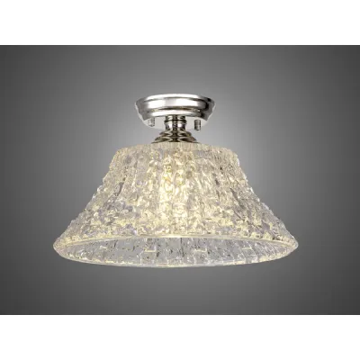 Billericay 1 Light Flush Ceiling E27 With Round 38cm Patterned Glass Shade Polished Nickel Clear