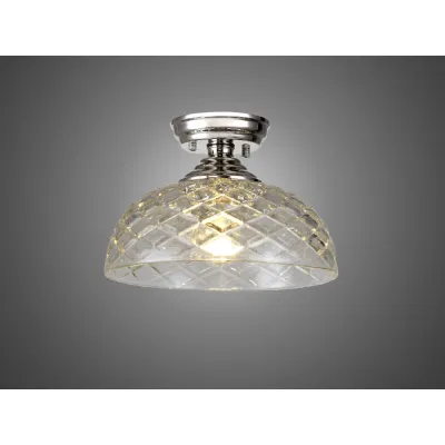 Billericay 1 Light Flush Ceiling E27 With Flat Round 30cm Patterned Glass Shade Polished Nickel Clear
