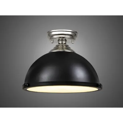 Billericay 1 Light Flush Ceiling E27 With Round 31cm Metal Shade Polished Nickel Matt Black Frosted White