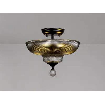 Billericay 2 Light Semi Flush Ceiling E27 With Round 30cm Glass Shade Matt Black Smoked