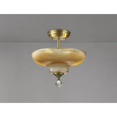 Billericay 2 Light Semi Flush Ceiling E27 With Round 30cm Glass Shade Antique Brass Amber