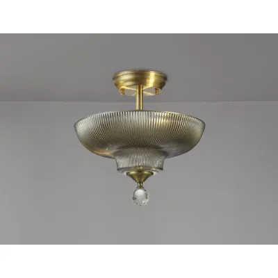 Billericay 2 Light Semi Flush Ceiling E27 With Round 30cm Glass Shade Antique Brass Smoked
