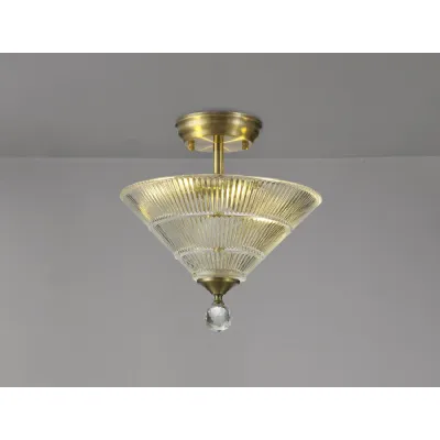 Billericay 2 Light Semi Flush Ceiling E27 With Cone 30cm Glass Shade Antique Brass Clear