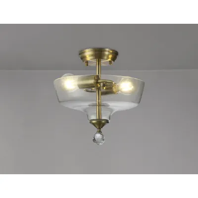 Billericay 2 Light Semi Flush Ceiling E27 With Flat Round 30cm Glass Shade Antique Brass Clear