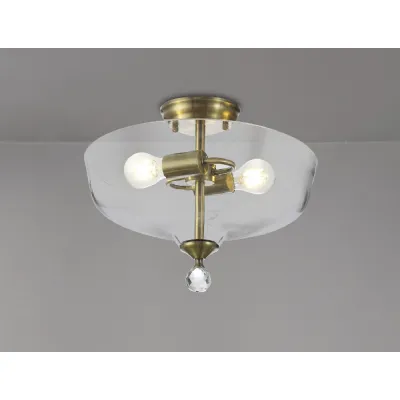 Billericay 2 Light Semi Flush Ceiling E27 With Flat Round 38cm Glass Shade Antique Brass Clear