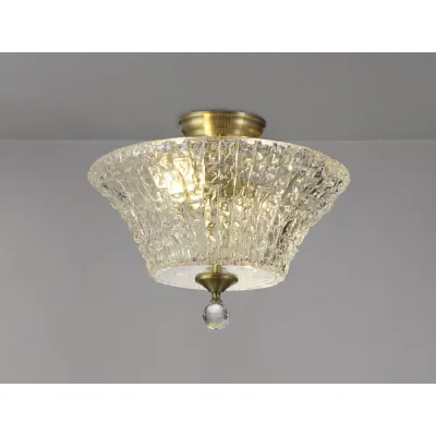 Billericay 2 Light Semi Flush Ceiling E27 With Round 38cm Patterned Glass Shade Antique Brass Clear