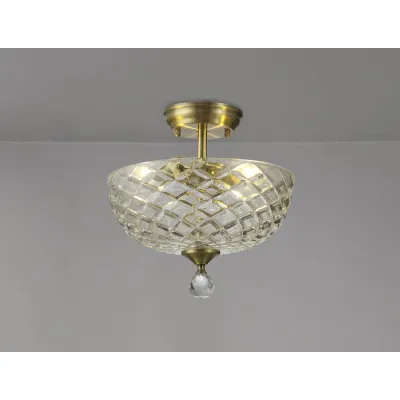 Billericay 2 Light Semi Flush Ceiling E27 With Flat Round 30cm Patterned Glass Shade Antique Brass Clear