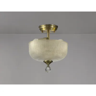 Billericay 2 Light Semi Flush Ceiling E27 With Round 26.5cm Prismatic Effect Glass Shade Antique Brass Clear