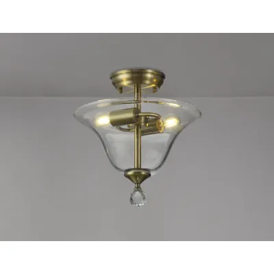 Billericay 2 Light Semi Flush Ceiling E27 With Smooth Bell 30cm Glass Shade Antique Brass Clear