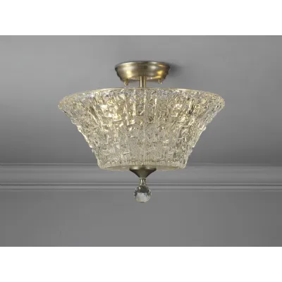 Billericay 2 Light Semi Flush Ceiling E27 With Round 38cm Patterned Glass Shade Satin Nickel Clear