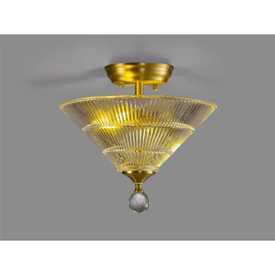 Billericay 2 Light Semi Flush Ceiling E27 With Cone 30cm Glass Shade Satin Gold Clear