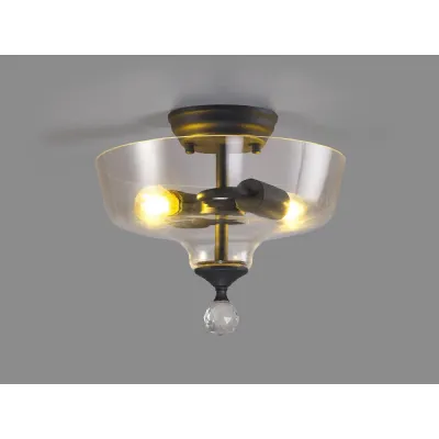 Billericay 2 Light Semi Flush Ceiling E27 With Flat Round 30cm Glass Shade Graphite Clear
