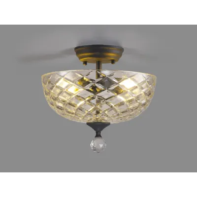 Billericay 2 Light Semi Flush Ceiling E27 With Flat Round 30cm Patterned Glass Shade Graphite Clear