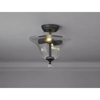 Billericay 2 Light Semi Flush Ceiling E27 With Smooth Bell 30cm Glass Shade Graphite Clear