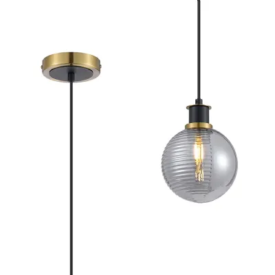 Cassia 1.3m Pendant, 1 Light E14 With 15cm Round Double Textured Smooth Ribbed Glass Shade, Brass, Smoke Plated & Satin Black (5LT111D)