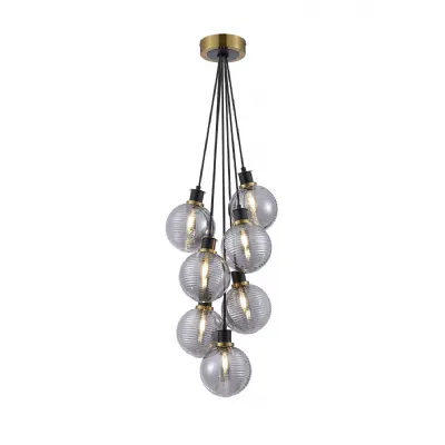 Cassia 1.3m Round Cluster Pendant, 7 Light E14 With 15cm Round Double Textured Smooth Ribbed Glass Shade, Brass, Smoke Plated & Satin Black (5LT143D)