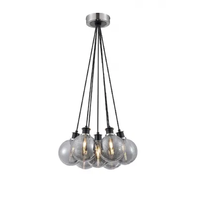Cassia 1.3m Round Cluster Pendant, 7 Light E14 With 15cm Round Double Textured Smooth Ribbed Glass Shade, Satin Nickel, Smoke Plated & Black (5LT147D)