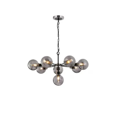 Cassia Pendant, 8 Light E14 With 15cm Round Double Textured Smooth Ribbed Glass Shade, Satin Nickel, Smoke Plated & Satin Black (5LT155D)