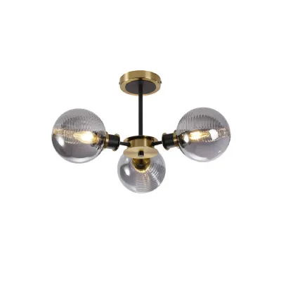 Cassia Semi Ceiling, 3 Light E14 With 15cm Round Double Textured Smooth Ribbed Glass Shade, Brass, Smoke Plated & Satin Black (5LT167D)