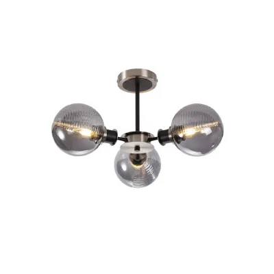 Cassia Semi Ceiling, 3 Light E14 With 15cm Round Double Textured Smooth Ribbed Glass Shade, Satin Nickel, Smoke Plated & Satin Black (5LT171D)